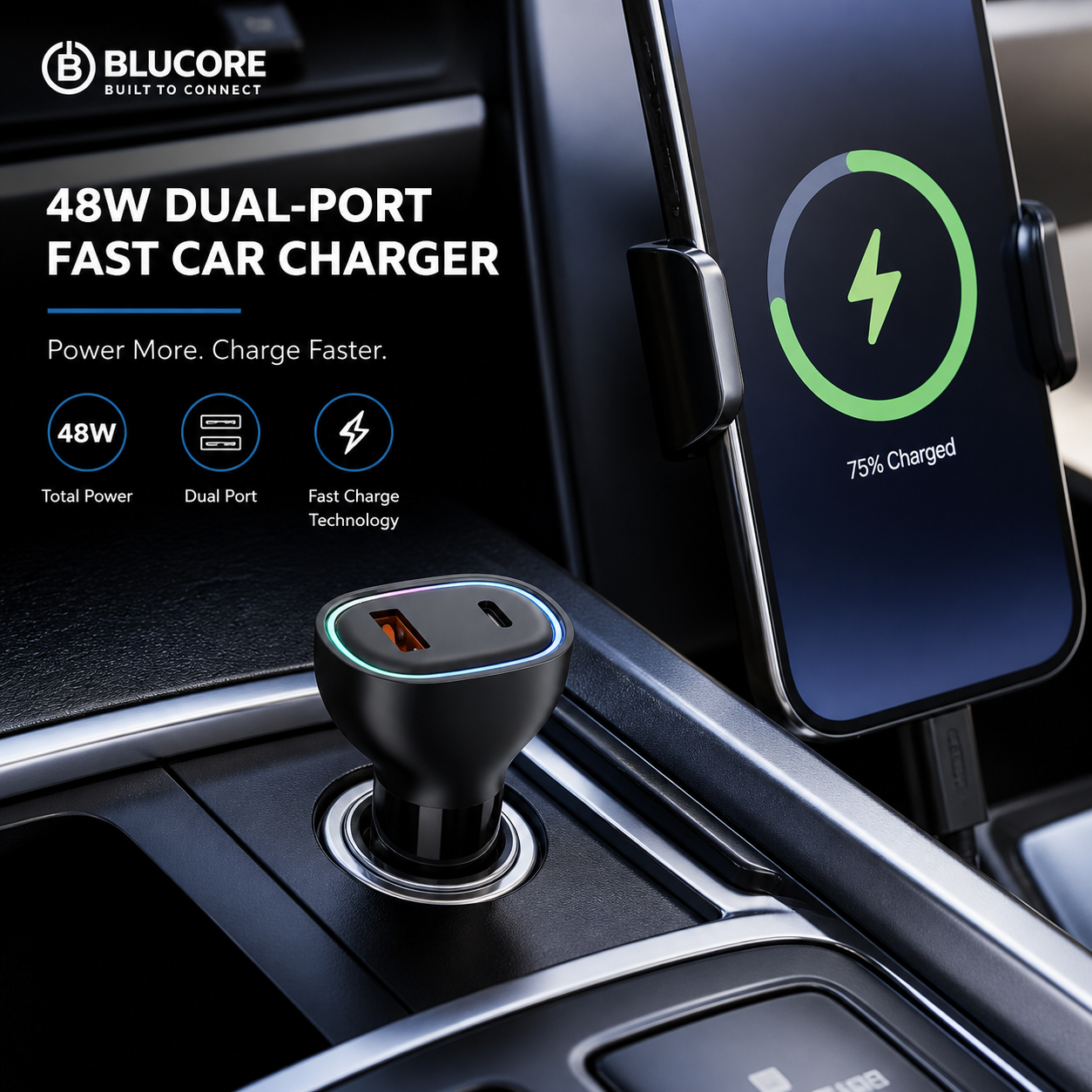48W Dual Port Car Charger USB-C PD & USB-A QC Fast Charging