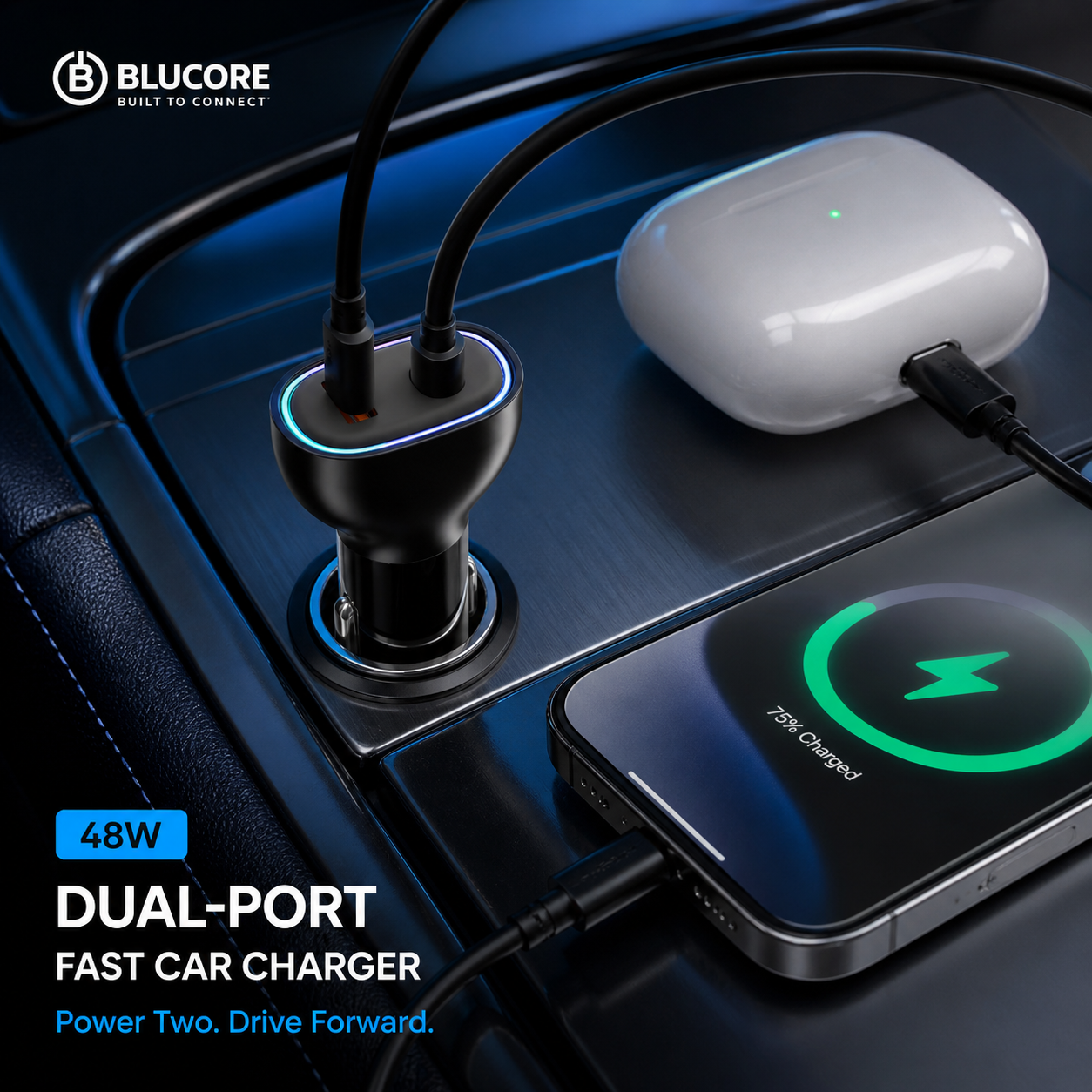 48W Dual Port Car Charger USB-C PD & USB-A QC Fast Charging