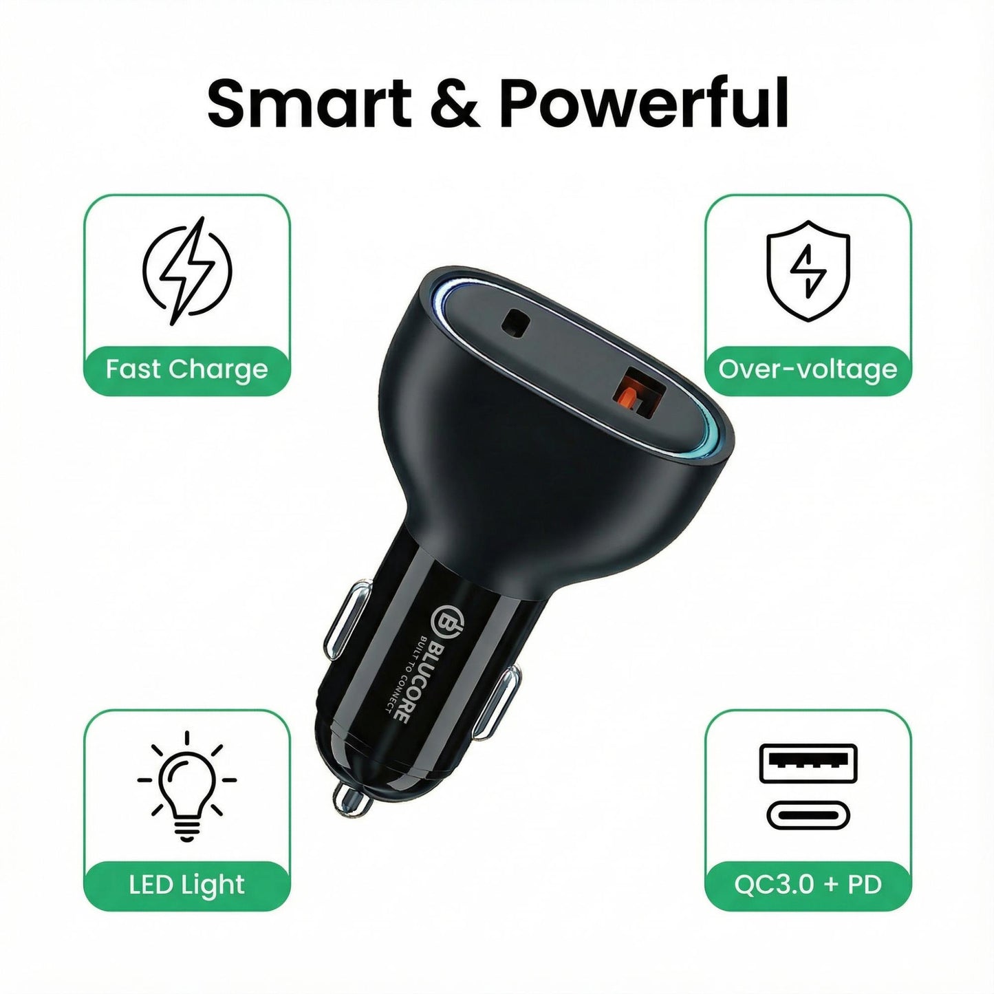 48W Dual Port Car Charger USB-C PD & USB-A QC Fast Charging