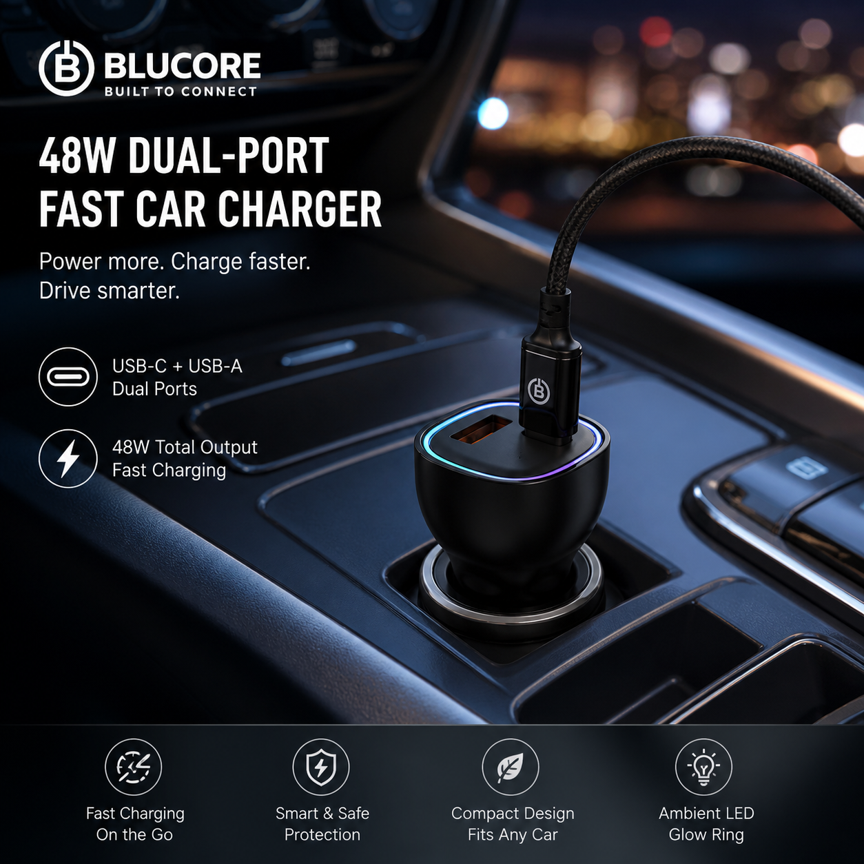 48W Dual Port Car Charger USB-C PD & USB-A QC Fast Charging