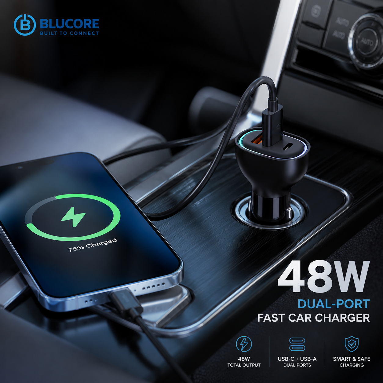 48W Dual Port Car Charger USB-C PD & USB-A QC Fast Charging